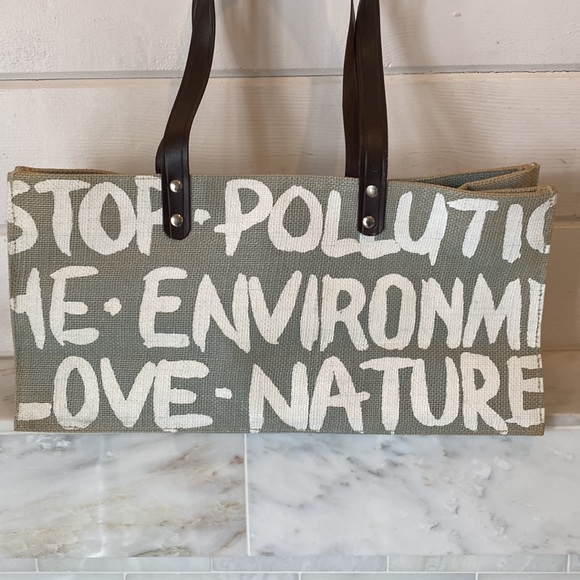 Stop Polution Love Nature Gray Burlap Tote Bag - Picture 2 of 10